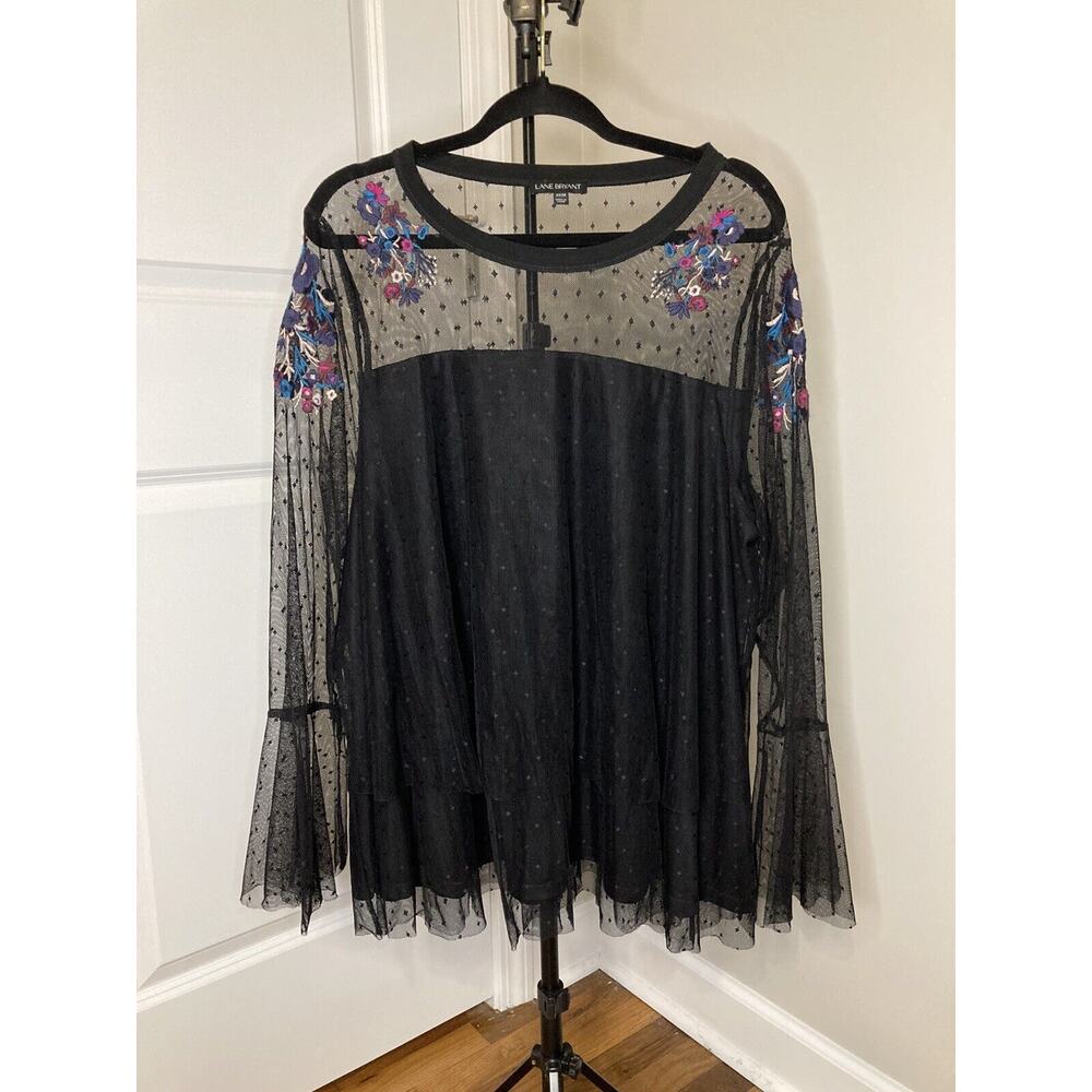 Lane Bryant Swiss Dot Mesh Top 22/24 Black Floral Embroidered Shoulders Tiered